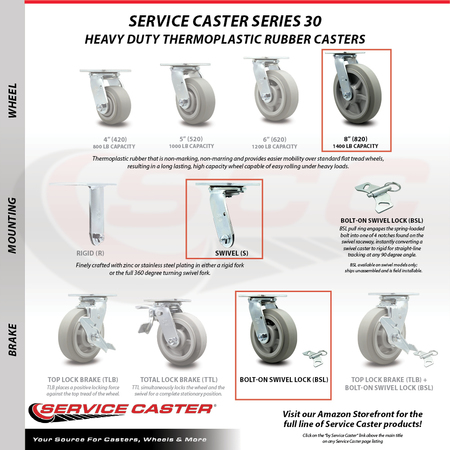 Service Caster 8 Inch Thermoplastic Rubber Caster Set with Roller Bearing 4 Swivel Lock 2 Brake SCC-30CS820-TPRRF-TLB-BSL-2-BSL-2